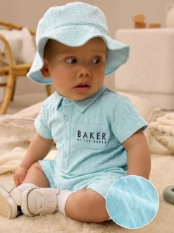 Blauw - Baker By Ted Baker - Set van geribbeld rompertje en muts