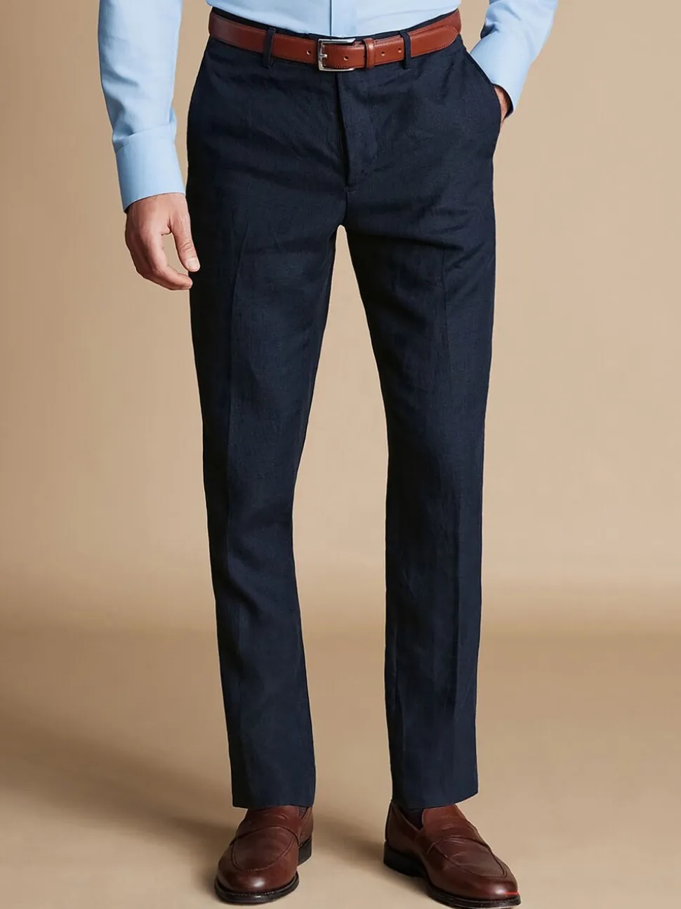 Blauw - Charles Tyrwhitt slim fit 100% linnen broek