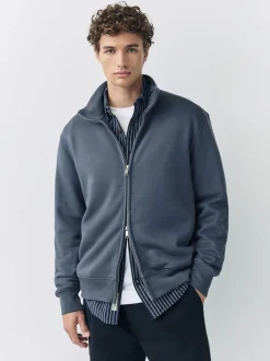 Blauw - Cotton Rich Jersey Full Zip Funnel Neck Sweatshirt