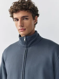 Blauw - Cotton Rich Jersey Full Zip Funnel Neck Sweatshirt