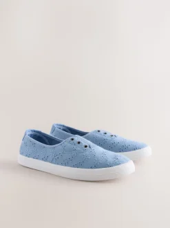Blauw - Geborduurde veterloze canvas instapsneakers