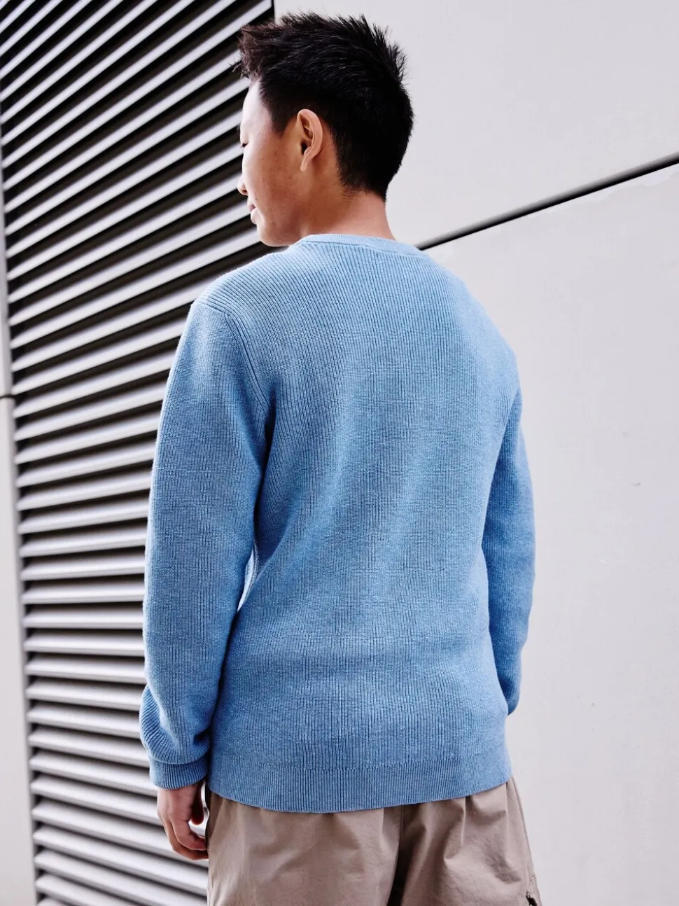 Blauw - Gebreide katoenen trui met ronde hals (3-16jr)