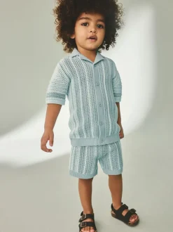 Blauw - Gehaakte gebreide set van overhemd met korte mouwen en shorts (3mnd -10jr)