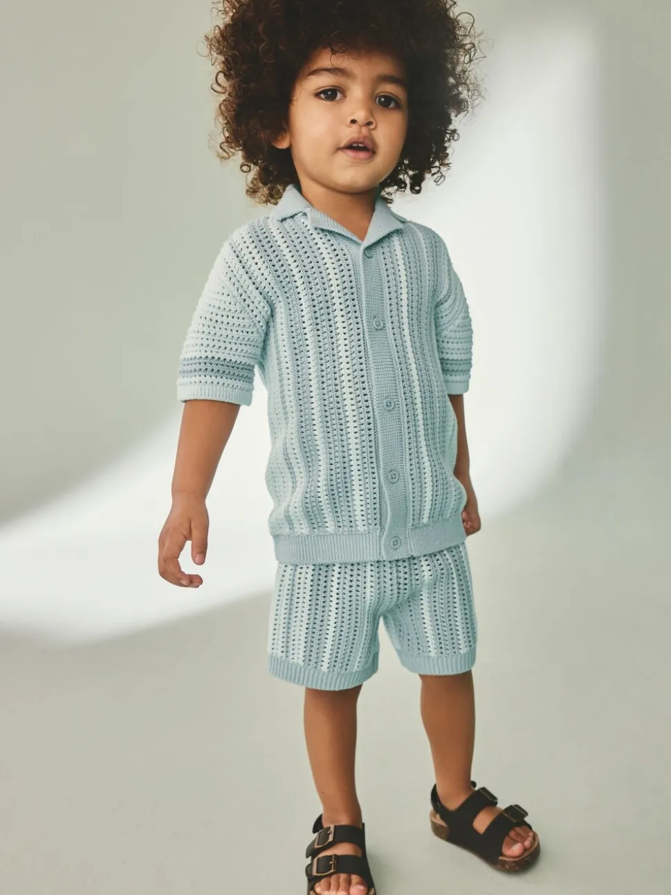 Blauw - Gehaakte gebreide set van overhemd met korte mouwen en shorts (3mnd -10jr)