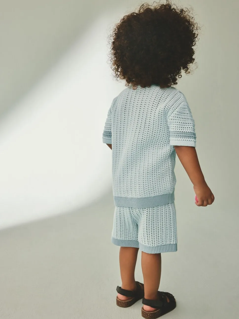 Blauw - Gehaakte gebreide set van overhemd met korte mouwen en shorts (3mnd -10jr)