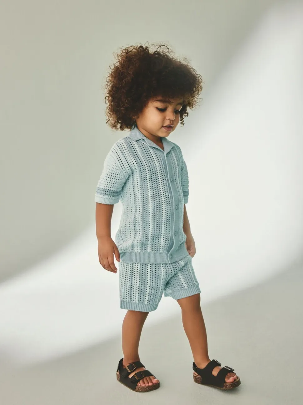 Blauw - Gehaakte gebreide set van overhemd met korte mouwen en shorts (3mnd -10jr)