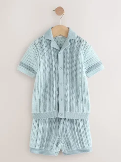 Blauw - Gehaakte gebreide set van overhemd met korte mouwen en shorts (3mnd -10jr)