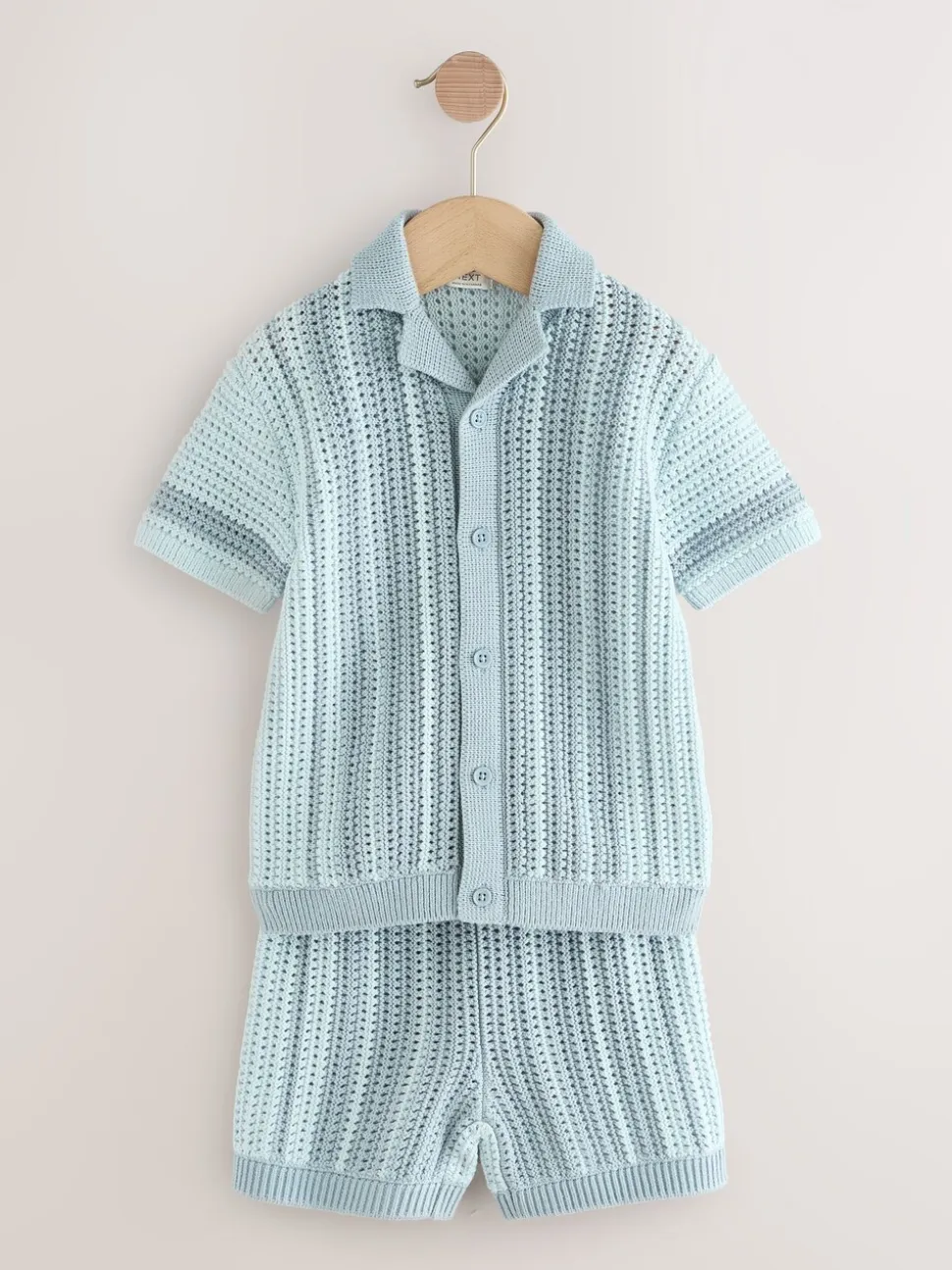 Blauw - Gehaakte gebreide set van overhemd met korte mouwen en shorts (3mnd -10jr)