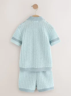 Blauw - Gehaakte gebreide set van overhemd met korte mouwen en shorts (3mnd -10jr)