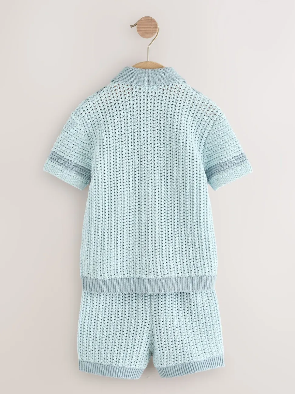 Blauw - Gehaakte gebreide set van overhemd met korte mouwen en shorts (3mnd -10jr)