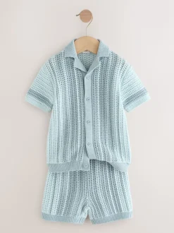 Blauw - Gehaakte gebreide set van overhemd met korte mouwen en shorts (3mnd -10jr)