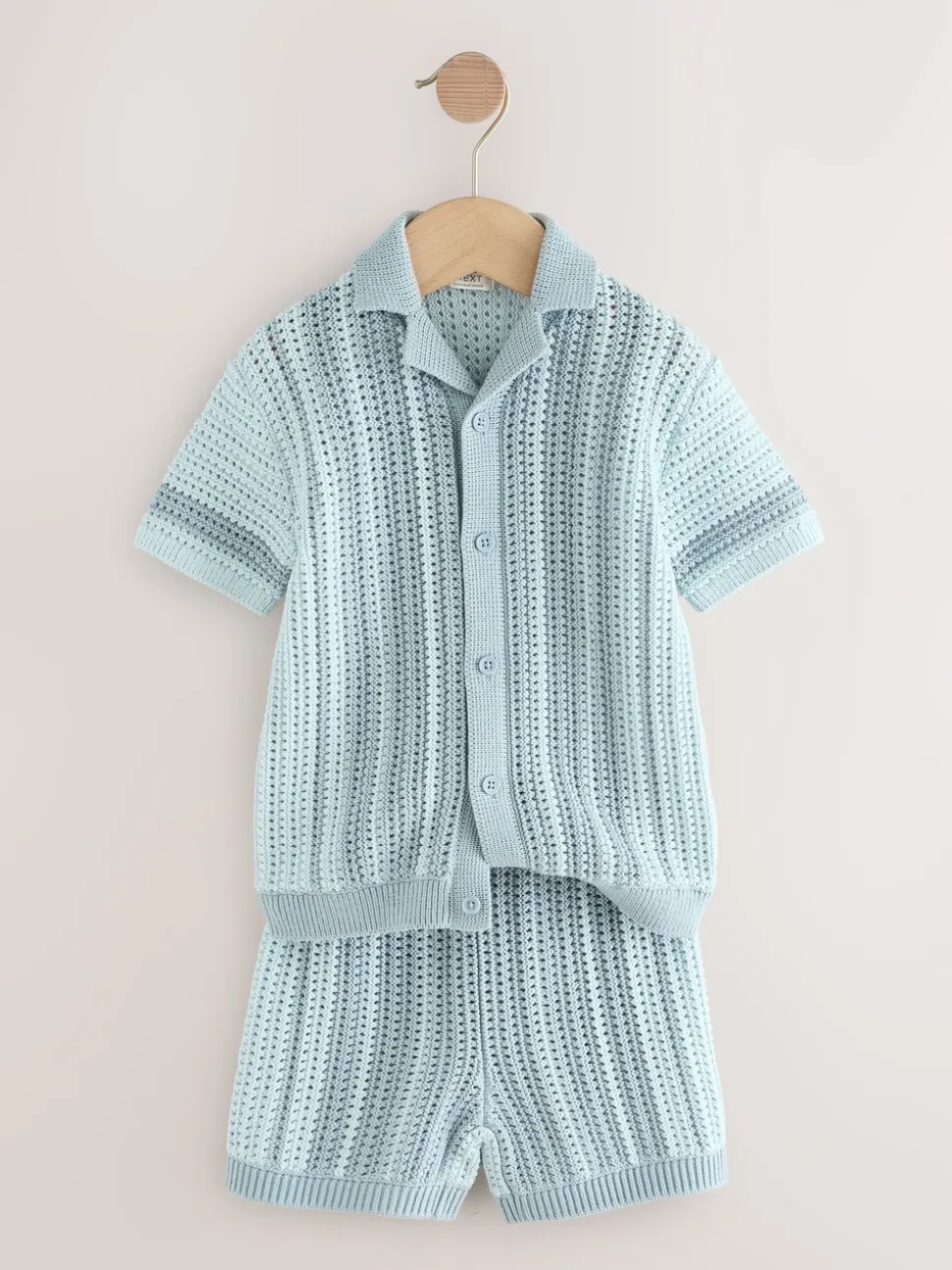 Blauw - Gehaakte gebreide set van overhemd met korte mouwen en shorts (3mnd -10jr)