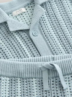 Blauw - Gehaakte gebreide set van overhemd met korte mouwen en shorts (3mnd -10jr)