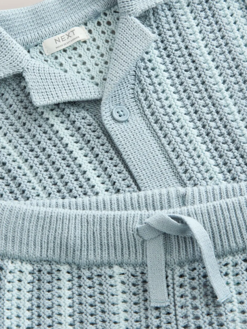 Blauw - Gehaakte gebreide set van overhemd met korte mouwen en shorts (3mnd -10jr)