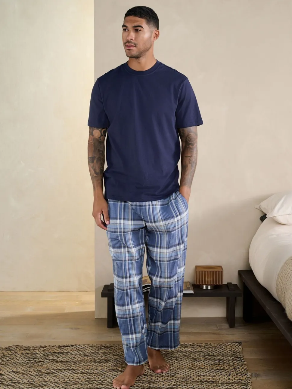 Blauw - Geruite pyjama met korte mouwen