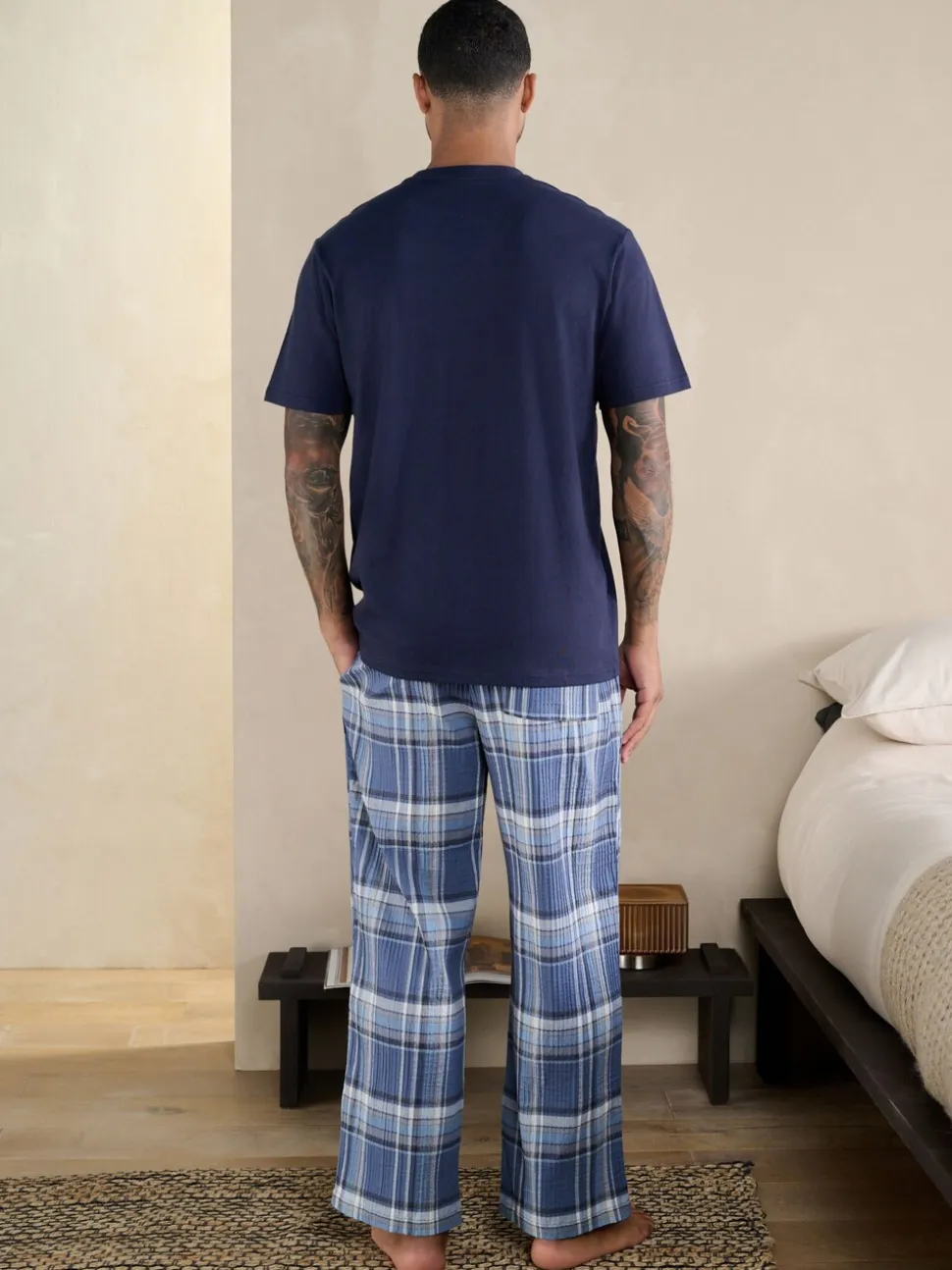 Blauw - Geruite pyjama met korte mouwen