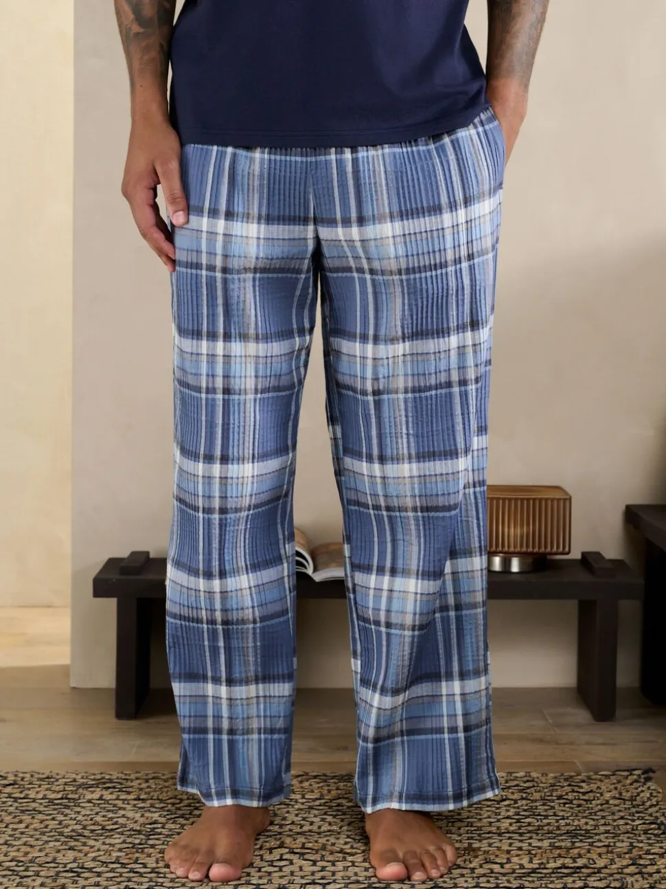 Blauw - Geruite pyjama met korte mouwen