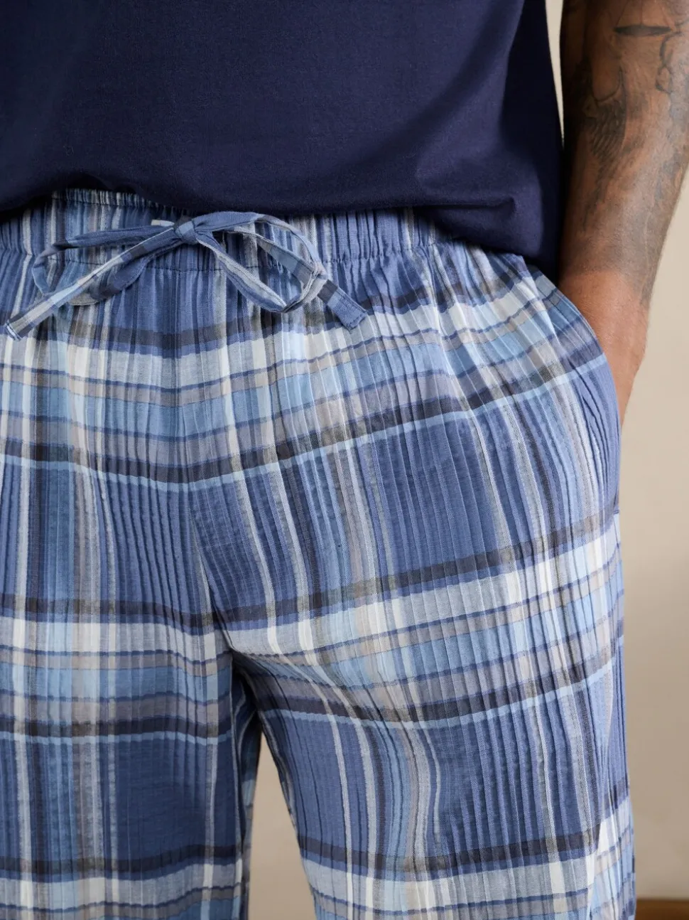 Blauw - Geruite pyjama met korte mouwen