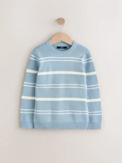 Blauw - Gestreepte gebreide trui met ronde hals van 100% katoen (3-16jr)