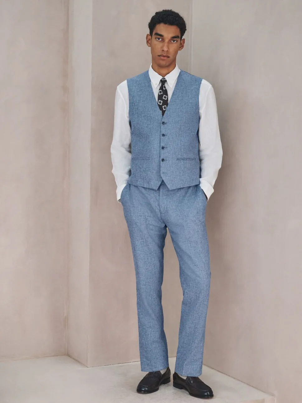 Blauw - Gilet van linnenmix met textuur