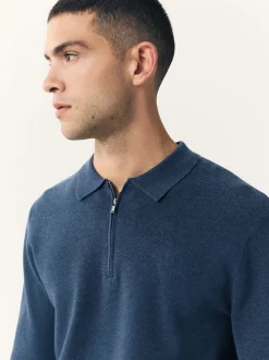 Blauw - Half met rits - Regular Fit Premium Mid Weight Long Sleeve Knit Polo Shirt