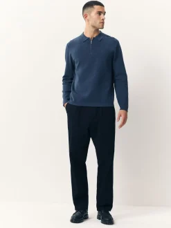 Blauw - Half met rits - Regular Fit Premium Mid Weight Long Sleeve Knit Polo Shirt