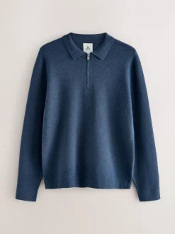 Blauw - Half met rits - Regular Fit Premium Mid Weight Long Sleeve Knit Polo Shirt