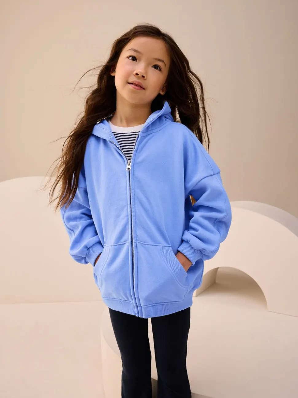 Blauw - Hoodie met doorlopende rits (3-16 jr)