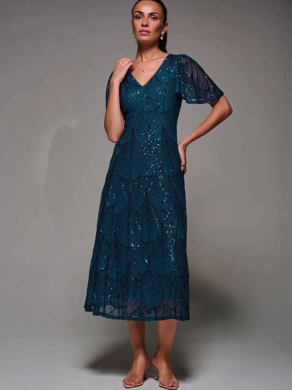 Blauw - Jolie Moi Sequin Angel Sleeve Fit & Flare Midaxi Dress