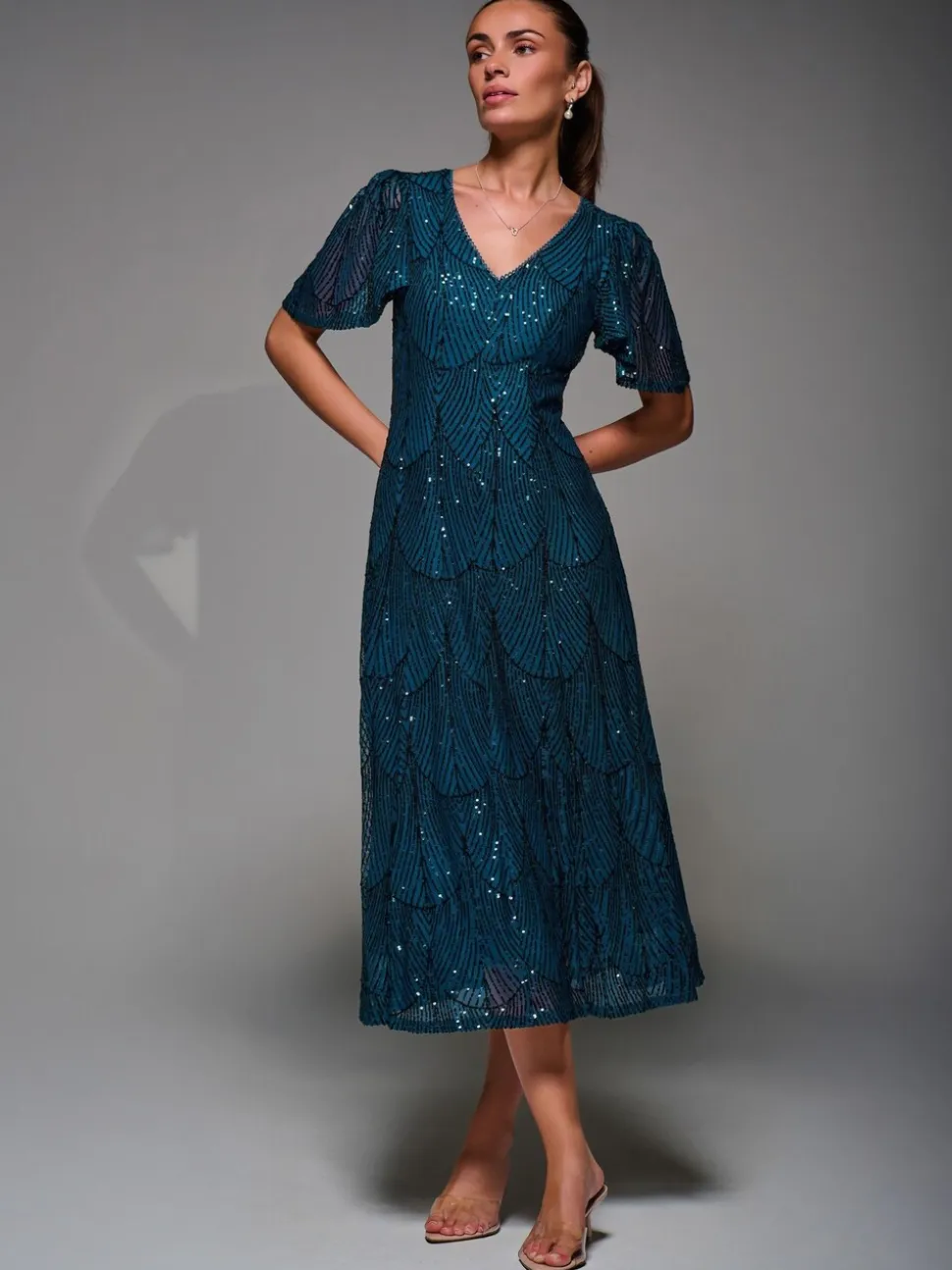 Blauw - Jolie Moi Sequin Angel Sleeve Fit & Flare Midaxi Dress