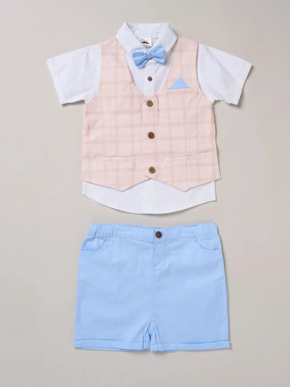 Blauw - Little Gent 100% Cotton Shirt with Mock Waistcoat Shorts and Bowtie Outfit Set