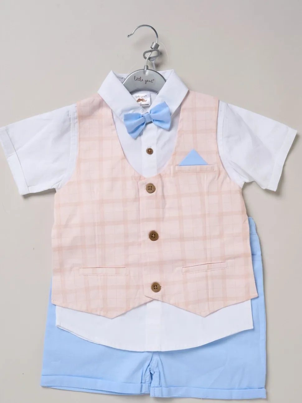 Blauw - Little Gent 100% Cotton Shirt with Mock Waistcoat Shorts and Bowtie Outfit Set