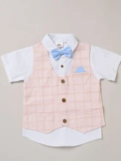 Blauw - Little Gent 100% Cotton Shirt with Mock Waistcoat Shorts and Bowtie Outfit Set