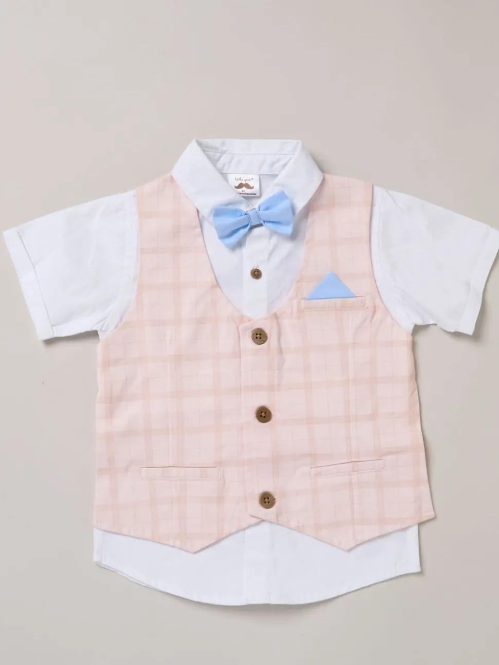 Blauw - Little Gent 100% Cotton Shirt with Mock Waistcoat Shorts and Bowtie Outfit Set