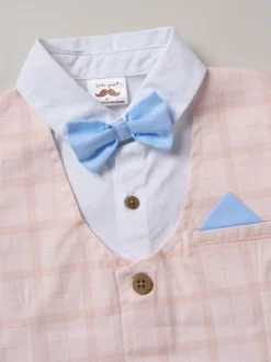 Blauw - Little Gent 100% Cotton Shirt with Mock Waistcoat Shorts and Bowtie Outfit Set