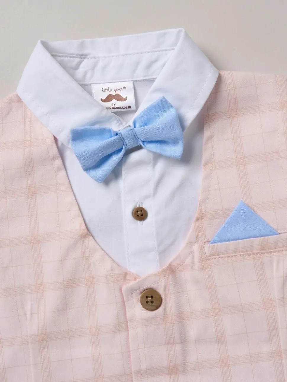 Blauw - Little Gent 100% Cotton Shirt with Mock Waistcoat Shorts and Bowtie Outfit Set
