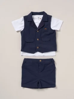 Blauw - Little Gent 100% Cotton Shirt, Waistcoat & Shorts Set
