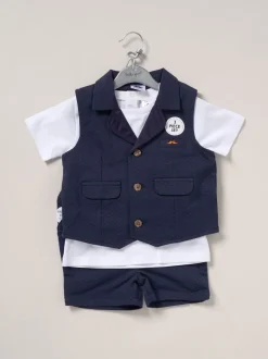 Blauw - Little Gent 100% Cotton Shirt, Waistcoat & Shorts Set
