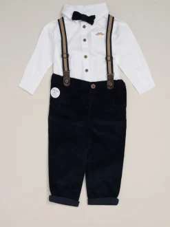 Blauw - Little Gent Corduroy Bow Tie Mock Shirt and Trousers With Braces Outfit Set