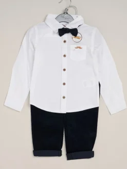 Blauw - Little Gent Corduroy Bow Tie Mock Shirt and Trousers With Braces Outfit Set