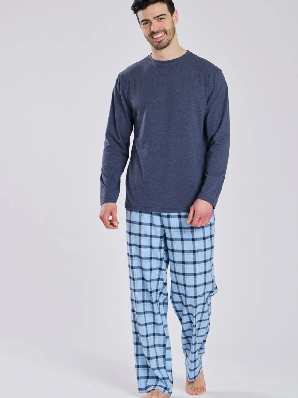 Blauw - Loungeable Pyjama's Set van jersey top en geborstelde Ruit Broeken