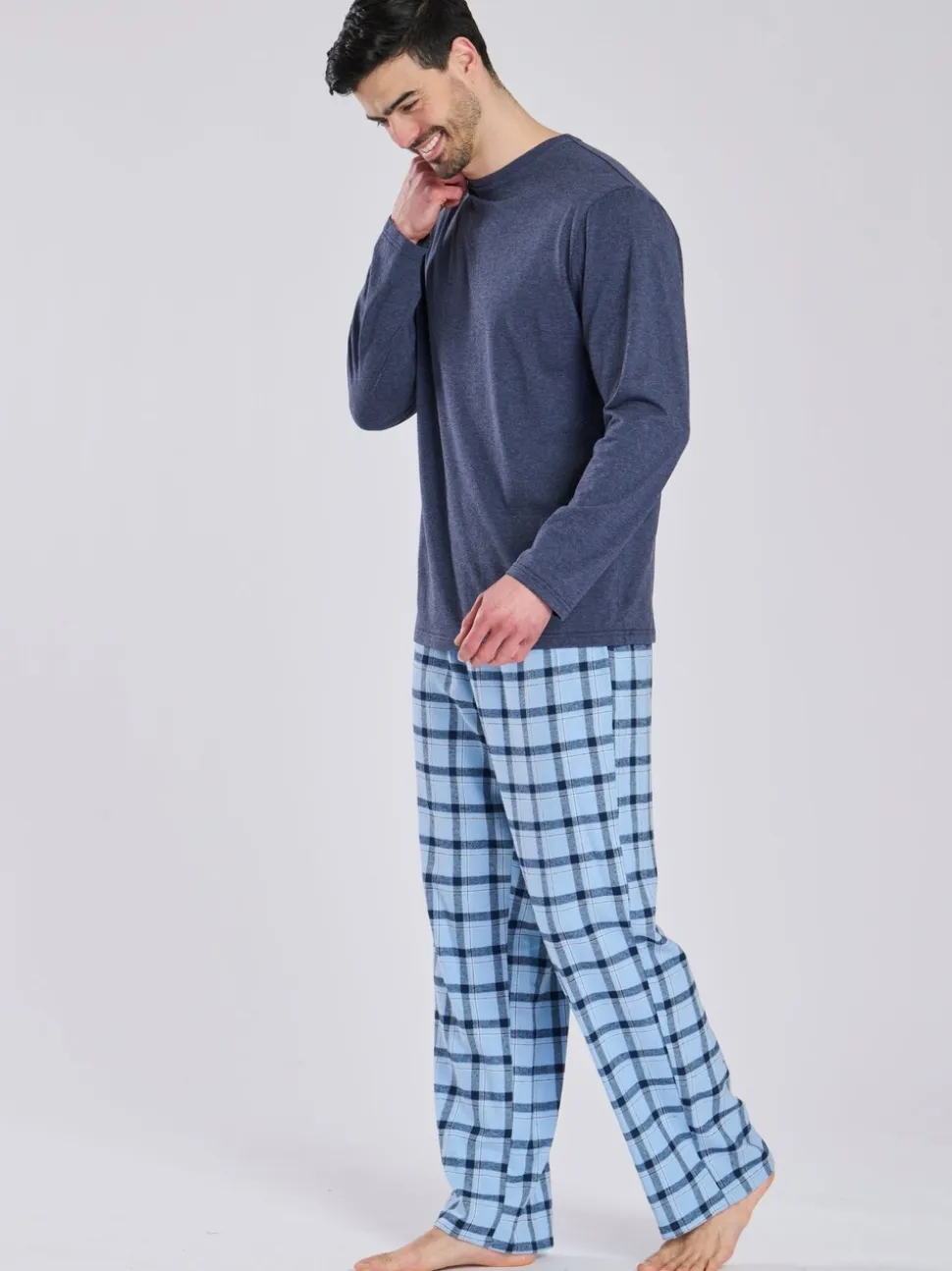 Blauw - Loungeable Pyjama's Set van jersey top en geborstelde Ruit Broeken