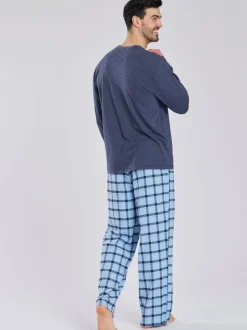 Blauw - Loungeable Pyjama's Set van jersey top en geborstelde Ruit Broeken