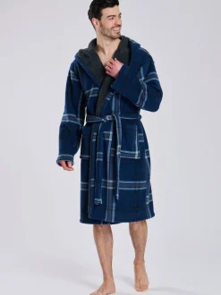 Blauw - Loungeable Ruit bonded fleece gevoerde kamerjas met capuchon