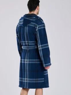 Blauw - Loungeable Ruit bonded fleece gevoerde kamerjas met capuchon