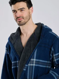 Blauw - Loungeable Ruit bonded fleece gevoerde kamerjas met capuchon