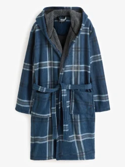 Blauw - Loungeable Ruit bonded fleece gevoerde kamerjas met capuchon