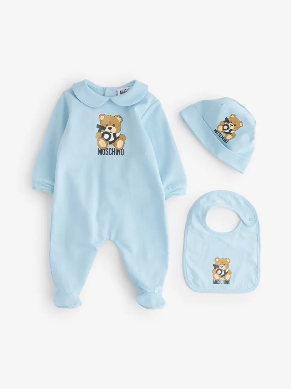 Blauw - Moschino Baby Logo Sleepsuit, Hat & Bib Giftset With Giftbox