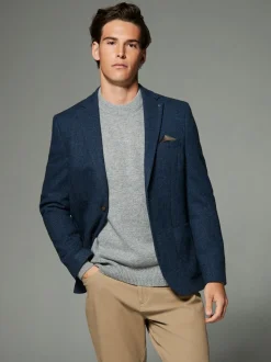 Blauw - Normale Pasvorm - Blazer met visgraatmotief en hoog wolgehalte