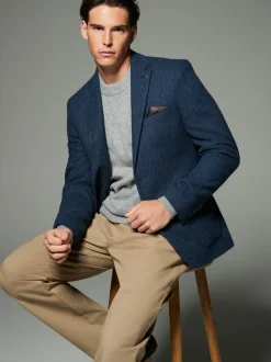 Blauw - Normale Pasvorm - Blazer met visgraatmotief en hoog wolgehalte